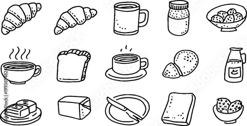 Traced hand drawn breakfast sticker sheet with croissant coffee mug jam jar toast and butter line icons for planner labels packaging and kawaii design