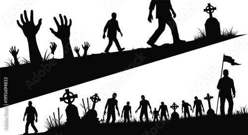 "Zombie uprising silhouettes with raised hands, gravestones, crosses, and marching figures, spooky horror artwork symbolizing resurrection and apocalypse"Mobile