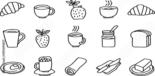 Minimal hand drawn breakfast sticker sheet with croissant coffee cup strawberry jam toast and butter line icons for planners labels and kawaii packaging