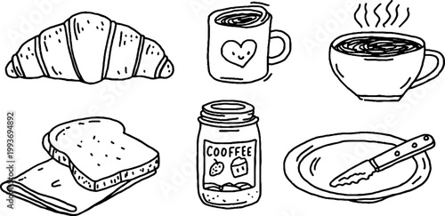 Hand drawn breakfast food sticker sheet with croissants mugs toast jam jars and butter for planner labels scrapbooking and craft design
