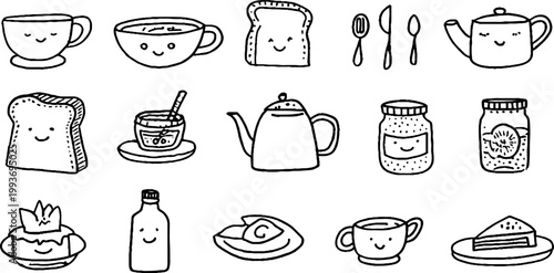 Hand drawn breakfast and kitchen sticker sheet with bowls cups toast teapot jars and utensils for planner stickers and stationery decoration