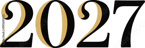 Elegant black and gold stylized number 2027 on a white background, representing a future year, anniversary, or significant event.