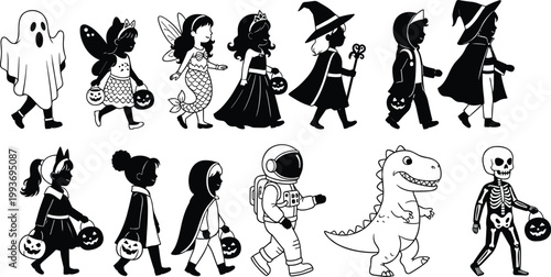 "Twelve children in Halloween costumes including ghost, witch, vampire, skeleton, dinosaur, cat, princess, and astronaut trick‑or‑treating silhouettes"Mobile