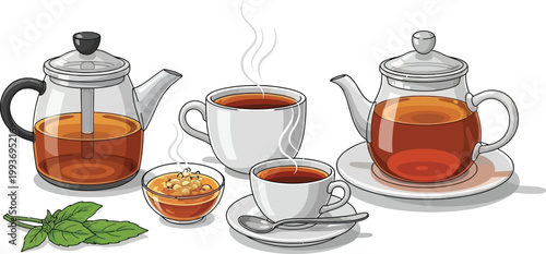 A steaming glass teacup of healthy green herbal tea with fresh mint leaves sits on a white saucer next to a transparent glass teapot, creating a perfect hot breakfast beverage isolated on white