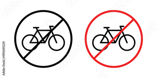 Bicycle prohibition sign. Line and glyph solid vector collection.