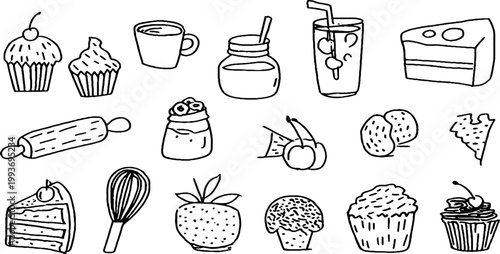 Hand drawn bakery sticker sheet with cupcakes whisk cake slices jam jars cherries and pastries for craft stickers and planner design background