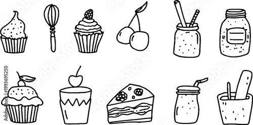 Hand drawn dessert sticker sheet with cupcakes whisk cake slices jam jars and cherries for planner stickers craft labels and scrapbooking design