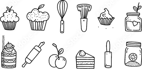 Hand drawn dessert sticker sheet with cupcakes whisk cake slices jam jars and cherries for planner stickers craft labels and scrapbooking design