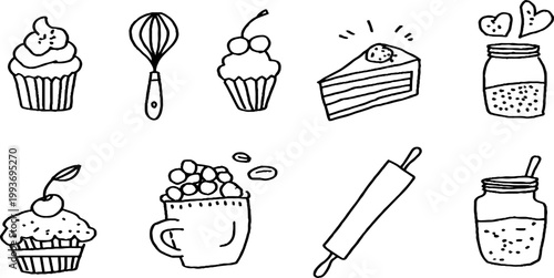 Hand drawn baking sticker sheet with cupcakes, cake slice, jam jar, cherry and utensils for planner craft and scrapbooking background
