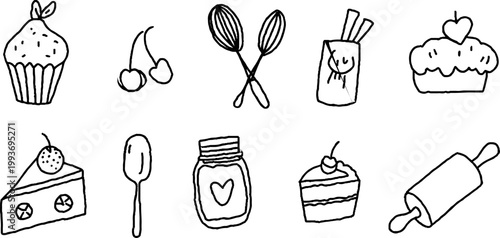 Hand drawn baking sticker sheet with cupcakes, cherries, whisks, jars and cake slices for planner, craft and scrapbooking background