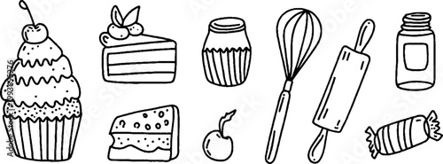 Hand drawn dessert sticker sheet with cupcakes whisk cake slices jam jars and cherries for planner stickers craft labels and scrapbooking design