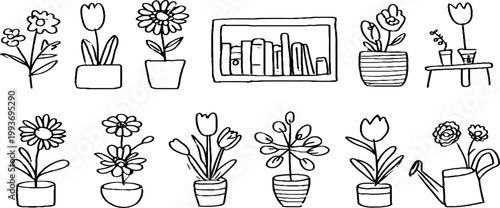 Hand drawn black and white doodle botanical sticker sheet with daisies tulips pots vases and watering can for background or craft design elements