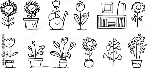 Cute smiling daisy and tulip hand drawn sticker sheet with potted plants vases and watering can for planner stickers and craft backgrounds