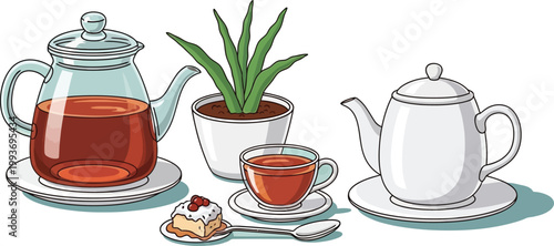 A hot cup of green tea sits on a white porcelain saucer atop a breakfast table, accompanied by a teapot, fresh lemon slices, and a silver spoon in a bright morning cafe