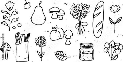 Hand drawn autumn market sticker sheet with pears mushrooms baguette flowers jars and tote for planner stickers labels packaging and handmade craft design