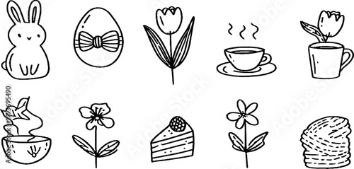 Hand-drawn easter brunch sticker sheet with bunny, egg with bow, tulip, teacup and slice of cake for spring planner, craft and scrapbook design elements