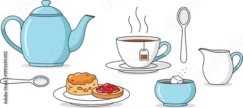 Vintage vector illustration set of porcelain kitchen utensils including coffee cups with saucers, teapots, and spoons for a hot morning breakfast drink or cafe design