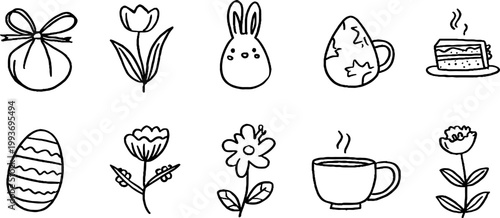 Hand-drawn easter brunch sticker sheet with bunny, egg, tulip, teacup and cake outlines for spring planner, craft and scrapbook design elements