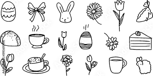 Hand-drawn easter brunch sticker sheet with patterned egg, bow, bunny, tulip, teacup and cake slice outlines for spring planner, craft and scrapbook design elements