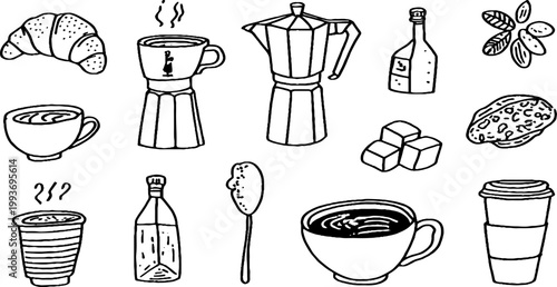 Coffee sticker sheet of hand drawn moka pots cups beans sugar cubes and croissants icons for planner labels pattern background and craft design