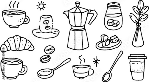 Coffee sticker sheet of hand drawn moka pot cups croissants spoons and coffee beans icons for planner labels pattern background and craft design