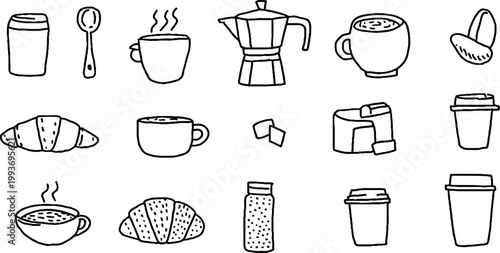 Minimal coffee sticker sheet with disposable cups spoon moka pot croissant and beans in simple line art for cafe branding use