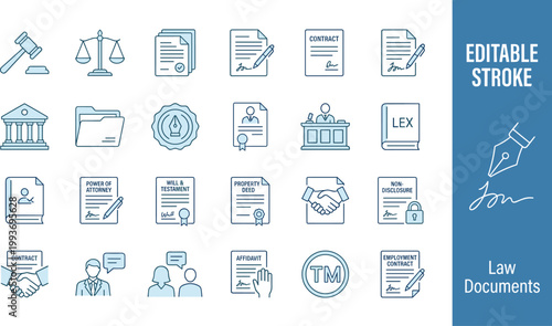 Editable stroke law documents icons set with various legal symbols and signs