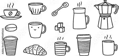 Hand-drawn coffee icon sticker sheet with espresso cup moka pot sugar spoon croissant and to-go cups for planner stickers and craft labels