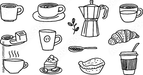 Line art coffee sticker sheet featuring cups mugs moka pot spoon croissant and takeaway cup for cafe packaging and menu design