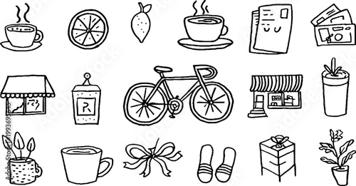 Hand drawn european summer sticker sheet with espresso lemon bicycle shop and gift icons for planner stickers and craft design