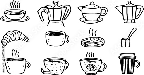 Hand-drawn coffee and breakfast sticker sheet with cups moka pot croissant and takeout mug for planner stickers and label design