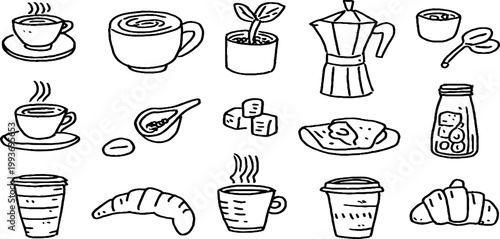 Hand-drawn coffee sticker sheet with cups moka pot spoon sugar jar croissant and plant for planner stickers and craft label use