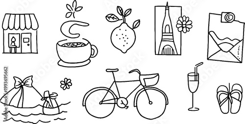 Hand drawn european summer sticker sheet with espresso lemon bicycle eiffel tower and beach icons for planner stickers and craft design