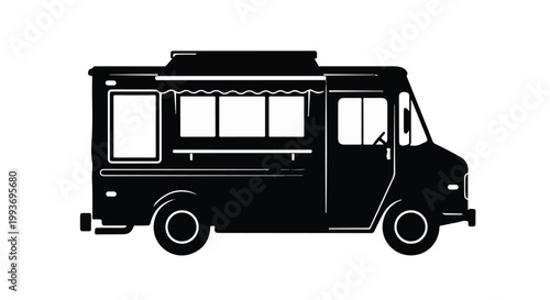 Black silhouette of a modern food truck vehicle on white background, side view, illustration for culinary, business, or transportation concepts