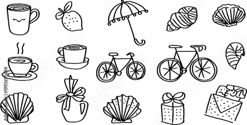 Hand drawn european summer sticker sheet with espresso cups strawberry umbrella shells and bicycle icons for postcard background