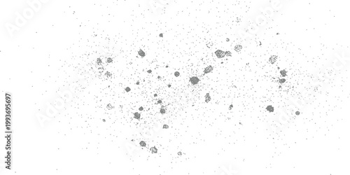 Dynamic arrangement of scattered grey particles and debris shapes on a white background for energetic design