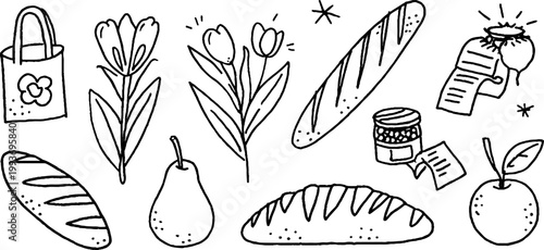 Baguette and floral themed farmers market sticker sheet with tote tulip pear jam jar and bread icons for packaging and pattern design