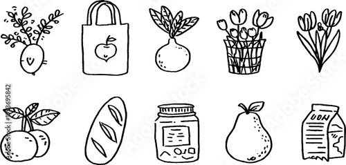 Simple black line farmers market sticker sheet with tote radish tulip basket pear and milk jar icons for craft and planner design