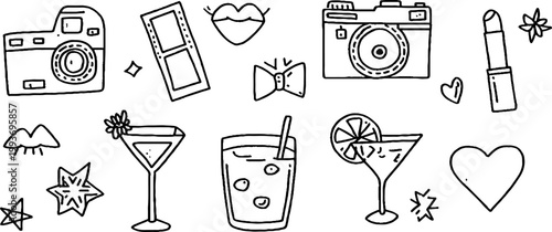 Hand drawn black outline sticker sheet with film cameras, lipsticks, hearts and cocktail glasses for planner stickers, scrapbooking and craft background