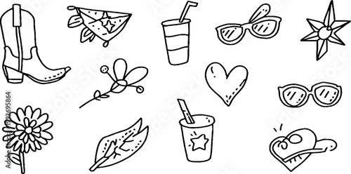 Cute hand-drawn festival sticker sheet featuring cowboy boots sunglasses drinks hearts flowers and leaves for planner stickers and craft projects