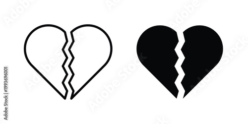 Broken heart icon. Line and glyph solid vector collection.