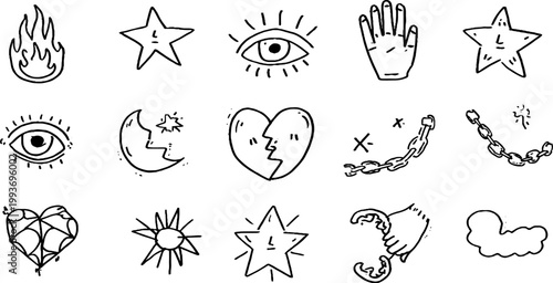Hand drawn black line sticker sheet with flames stars eyes moons broken hearts chains and clouds for sticker design and pattern layout