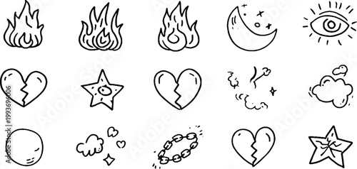 Hand drawn black line sticker sheet featuring multiple flame eyes moons stars chains and cracked hearts for sticker design and repeat pattern