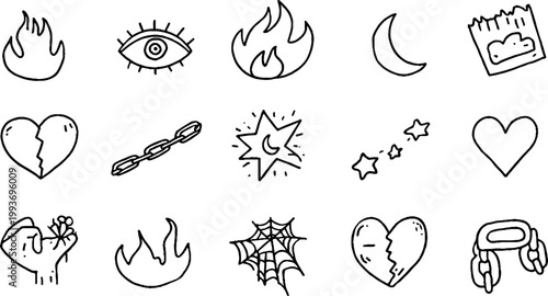 Hand drawn black line sticker sheet of flames eyes moon stars chains webs and broken hearts for sticker design and scrapbook pattern use