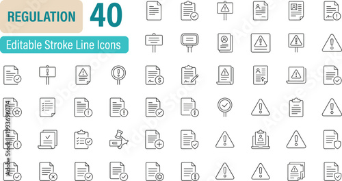 A collection of 40 regulation icons in editable stroke line style for various uses and applications