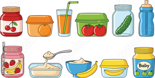 Baby food and healthy snack set with fruit jars, puree bowls, juice, banana and feeding items in cute cartoon vector style