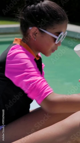 Vertical video: Reaching mom applying sunscreen on daughter poolside for sun care, pink rash guard