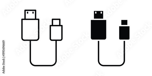 Charging cable icon. Line and glyph solid vector collection.