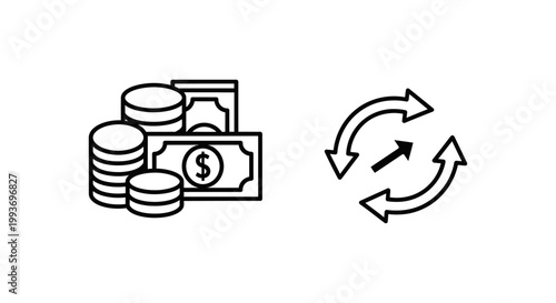 Cash and money flow icons with coins banknotes circular arrows banknotes currency transaction exchange investment business illustration background isolated commerce financial monetary