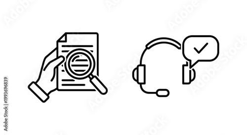 Manual review icon with hand and magnifying glass support review icon with headset and checkmark magnifying document analysis inspection research information verification customer